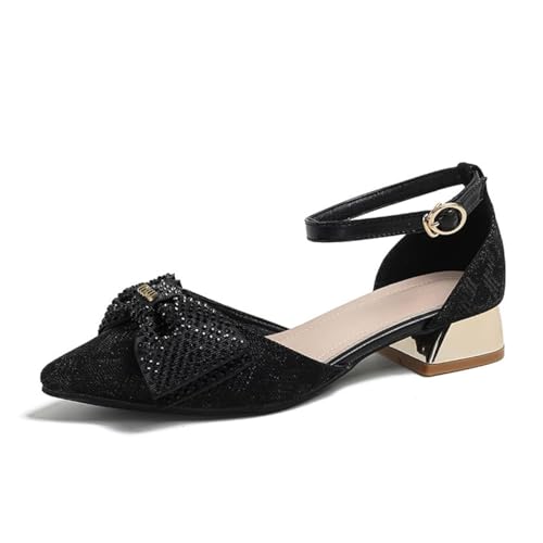 Danglianying Damen-Pumps mit spitzem Zehenbereich, niedriger Absatz, Knöchelriemen, geschlossener Zehenbereich, Hochzeit, Party, Kleid, 2black, 36 EU von Danglianying
