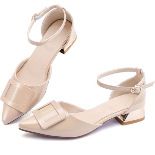 Danglianying Damen-Pumps mit spitzem Zehenbereich, niedriger Absatz, Knöchelriemen, geschlossener Zehenbereich, Hochzeit, Party, Kleid, 2nude, 36 EU von Danglianying