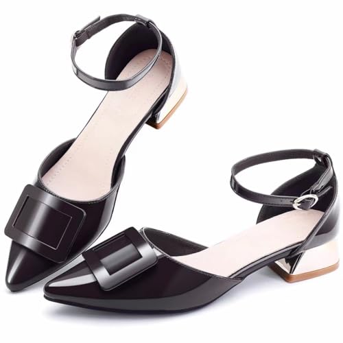 Danglianying Damen-Pumps mit spitzem Zehenbereich, niedriger Absatz, Knöchelriemen, geschlossener Zehenbereich, Hochzeit, Party, Kleid, 3black, 4 von Danglianying