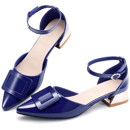 Danglianying Damen-Pumps mit spitzem Zehenbereich, niedriger Absatz, Knöchelriemen, geschlossener Zehenbereich, Hochzeit, Party, Kleid, Blau, 39 EU von Danglianying