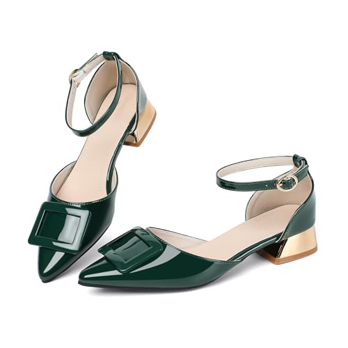 Danglianying Damen-Pumps mit spitzem Zehenbereich, niedriger Absatz, Knöchelriemen, geschlossener Zehenbereich, Hochzeit, Party, Kleid, Grün , 36 EU von Danglianying