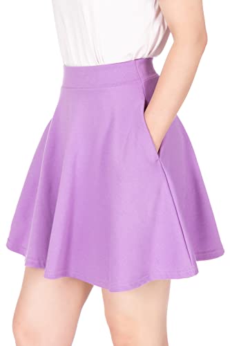 Basic Solid Stretchy Cotton High Waist A-Linie Flared Skater Minirock, Mit Taschen Lavendel, Mittel von Dani's Choice