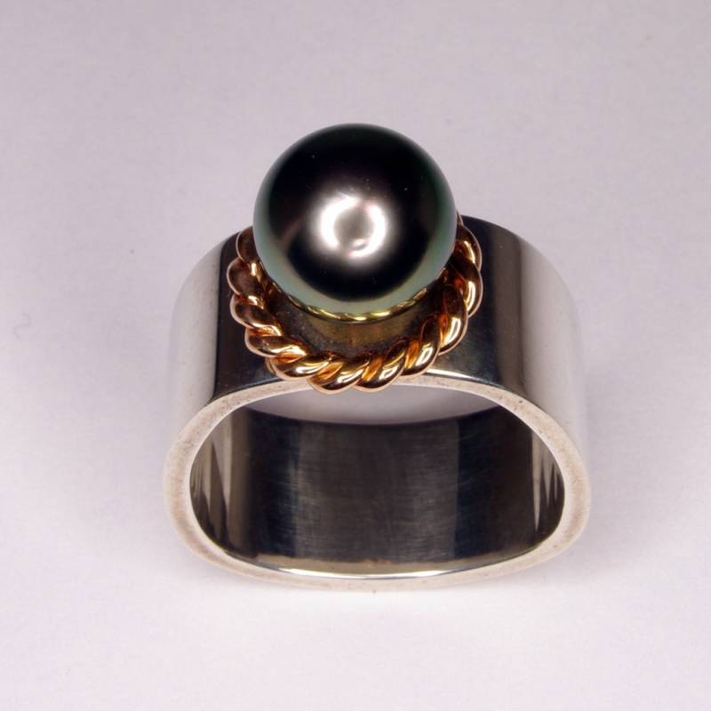 Ooak Handgemacht in Kanada Tahiti Perle Silber Und Rose Gold Komfort Passen Steigbügel Form Ring Größe 7 von DanielSommerfeld