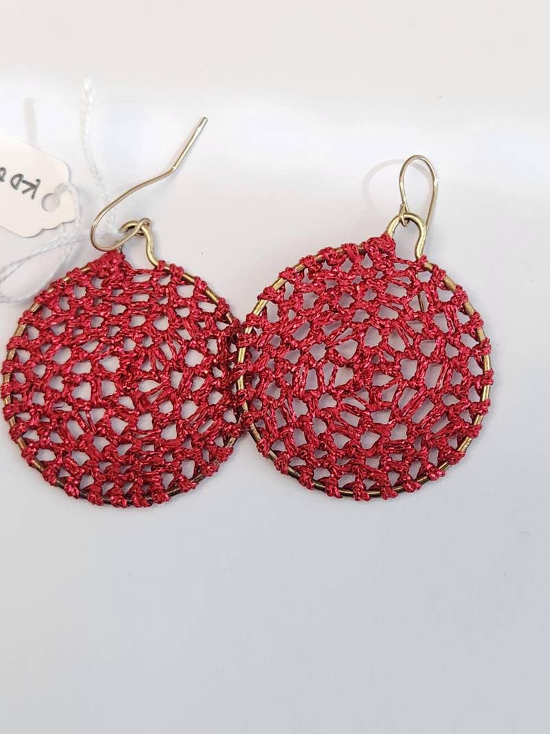 Handgemachte Sterling Silber Ohrringe Rot Gestrickt Lurex-Schnur-Dangles Made in Israel von DaniellesCollection