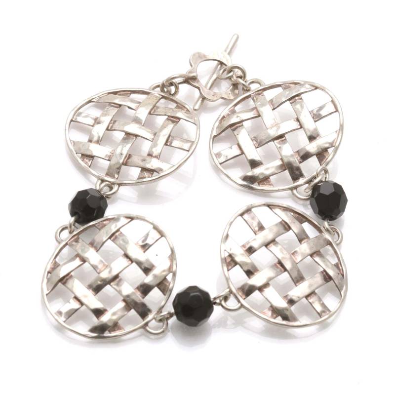 Vintage 925 Sterling Silber Circle Link Black Bead Armband Weave Made in Israel Modern von DaniellesCollection