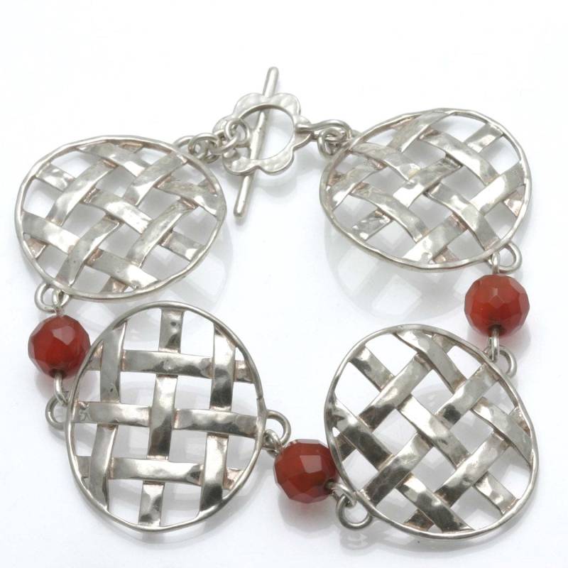 Vintage 925 Sterling Silber Circle Link Roter Karneol Armband Weave Made in Israel Objektes von DaniellesCollection
