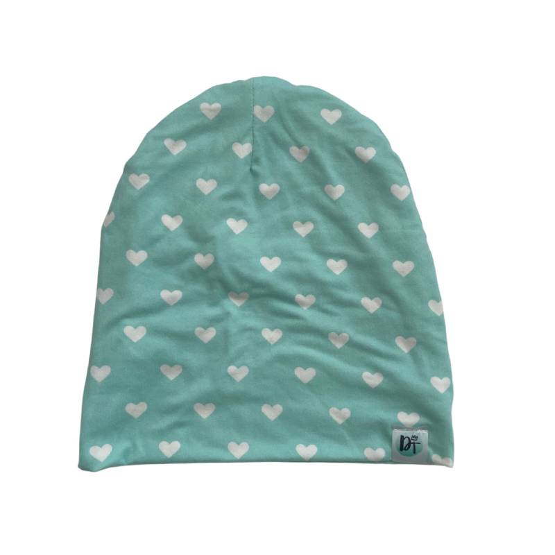 Mint Hearts Slouchy Beanie - Handgemachte Baumwollmischung von DanielsThreadz