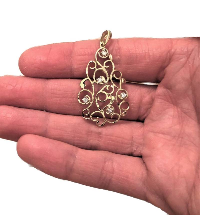 14K Gold Filigran Anhänger, Zirkon Offenes Medaillon, Design Halskette, Schöner Besondere Einzigartige Halskette von DaninoDesigner