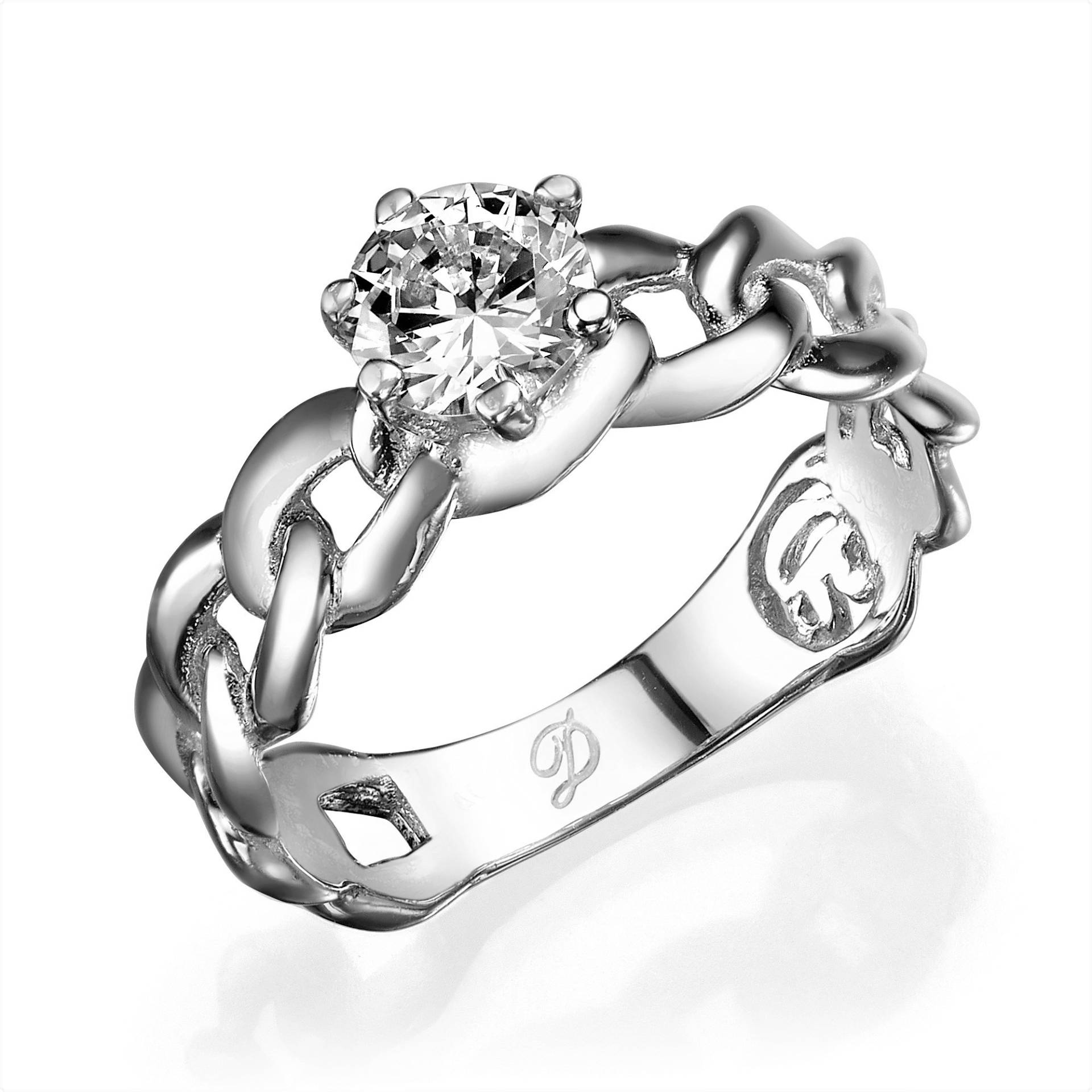 14K Weißgold Zirkonia Ring, Solitär Verlobungsring Für Frauen, Kabel Kette Gold Link Modern Ring von DaninoDesigner