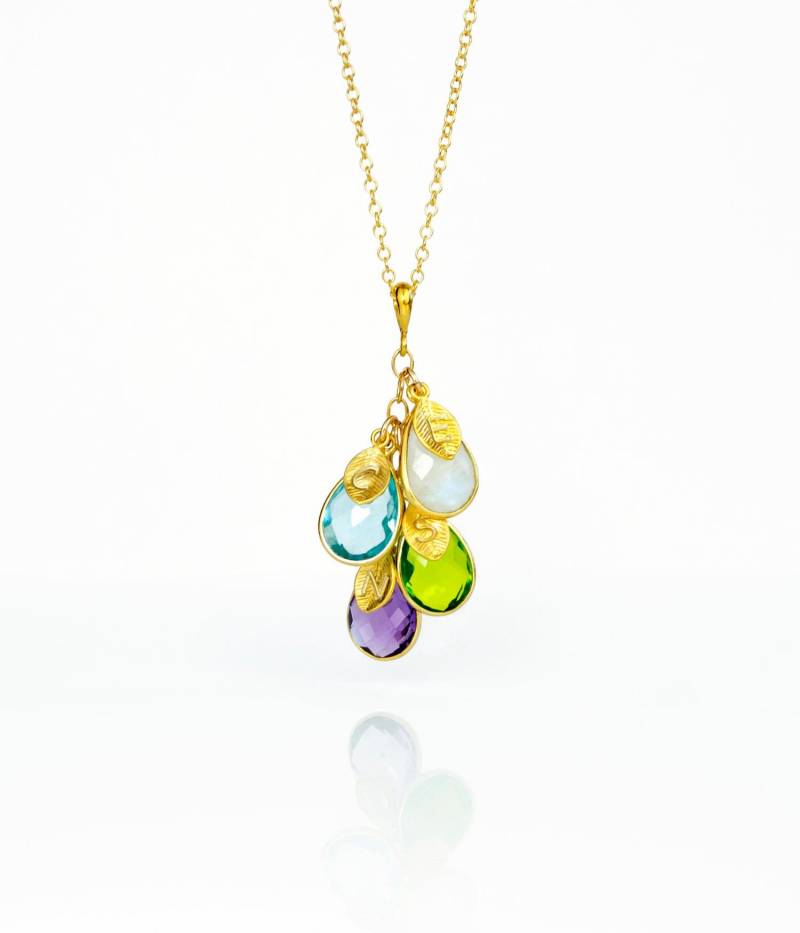 Mutterhalskette Mit Geburtssteinen Für Kinder Und Blatt-Anfangsanhänger Individuelles Weihnachtsgeschenk 925Er Silber 14K Gold-Fill Charm-Halskette von DaniqueJewelry