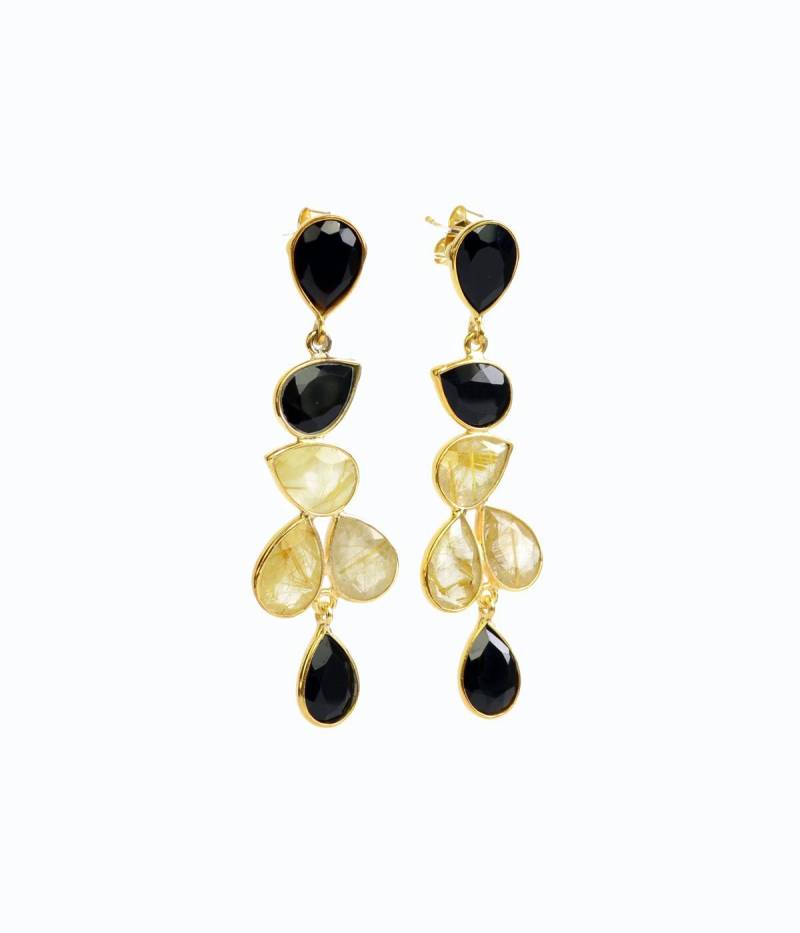 Schwarze Und Goldene Elegante Statement Ohrringe Schwarzer Onyx Gold Rutilquarz Edelstein, Formelle Abend Date Ohrringe, Braut Oder Abschlussball von DaniqueJewelry