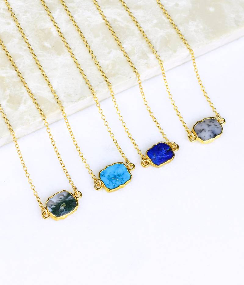 Natürliche Edelstein Scheibe Halskette, Freiform Türkis Halskette Lapis Lagen Moos Achat Pyrit Boho Chic Gold Rand von DaniqueTrends