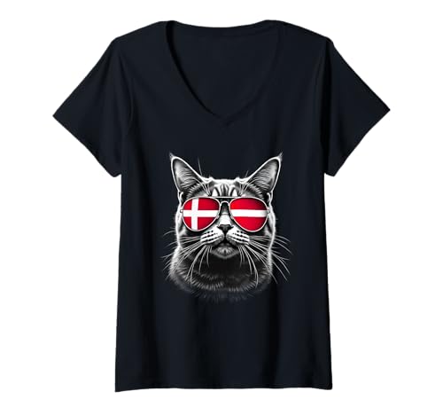 Damen Dänemark Flagge Katze Gesicht Sonnenbrille Dänische Flagge T-Shirt mit V-Ausschnitt von Danish Flag Designs