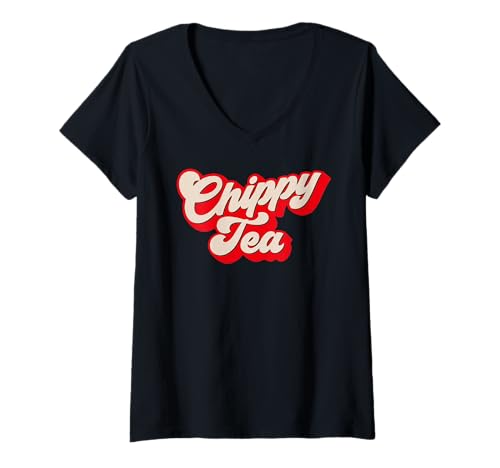 Damen Chippy Tea, lustiger nördlicher Humor, Chips und Fisch Design T-Shirt mit V-Ausschnitt von Dank And Spicy Meme Apparel Emporium