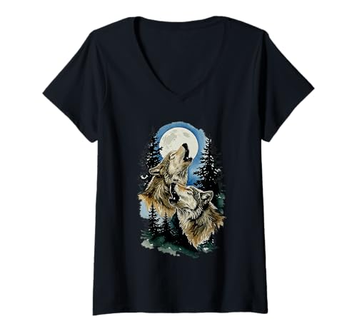 Damen Two Wolves Howling at The Moon T-Shirt mit V-Ausschnitt von Dank and Funny Meme Apparel