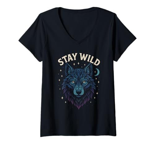 Damen Stay Wild Geometrry of an Artsy Wolf T-Shirt mit V-Ausschnitt Damen Stay Wild Geometrry of an Artsy Wolf T-Shirt mit V-Ausschnitt von DankDesigns
