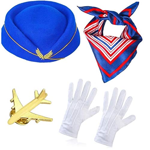 Danlai 4pcs Kleidung Stewardess Kostümzubehör Satin Schalhut Handschuhe Sonnenbrille +Corsage Badge Cosplay Set von Danlai