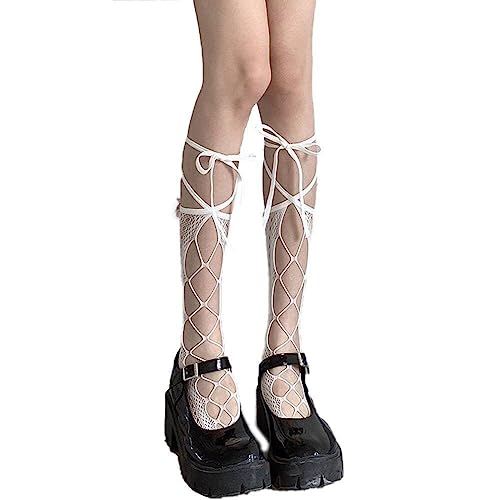 Danlai Frauen Spitzenstrümpfe 1 Paar Verband Cross Ribbon Knie Socken Anti-Skid-seiden-Strumpfhosen Fischnetzstrümpfe Für Mädchen Lolita Cosplay von Danlai