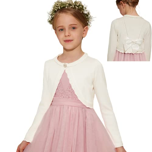 Danna Belle Mädchen Bolero 116 Kinder Strickjacke 122 Cardigan mit Schleife aus Samt dran Festlich Kommunion Tauf Hochzeit Einschulung Weiß 6-7 Jahre von Danna Belle