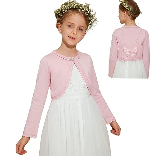 Danna Belle Mädchen Bolero 110 Kinder Strickjacke 116 Cardigan mit Schleife aus Samt dran Festlich Kommunion Tauf Hochzeit Einschulung Rosa 5-6 Jahre von Danna Belle