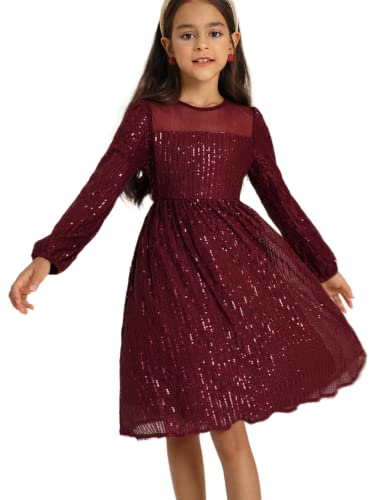 Mädchen Kleider Prinzessin Festliches 128 Kinderkleid 134 Pailletten Party Weihnachten Hochzeit Geburtstag Ballkleid Blumenmädchen Langarm Elegant A-line Crew Neck Rot 8-10 Jahre von Danna Belle