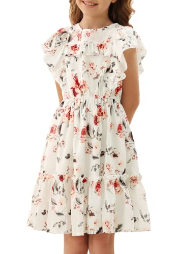 Danna Belle Mädchen Kleid 116 Chiffon Floral Sommer Festlich Partykleid Elegant Prinzessinkleid Urlaubskleider Freizeitkleid Kinder ALinien Kurzarm Kleid Weiß von Danna Belle