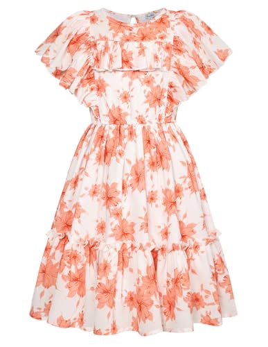 Danna Belle Mädchen Kleid 128 Chiffon Floral Sommer Festlich Partykleid 134 Elegant Prinzessinkleid Urlaubskleider Freizeitkleid Kinder ALinien Kurzarm Kleid Orange von Danna Belle