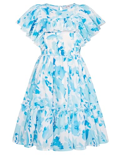 Danna Belle Mädchen Kleid 140 Chiffon Floral Sommer Festlich Partykleid 146 Elegant Prinzessinkleid Urlaubskleider Freizeitkleid Kinder ALinien Kurzarm Kleid Blau von Danna Belle