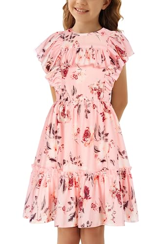 Danna Belle Mädchen Kleid Chiffon 128 Floral Sommer Festlich Partykleid 134 Elegant Prinzessinkleid Urlaubskleider Freizeitkleid Kinder ALinien Kurzarm Kleid Rosa von Danna Belle