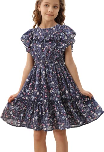 Danna Belle Mädchen Kleid Chiffon 140 Floral Sommer Festlich Partykleid 146 Elegant Prinzessinkleid Urlaubskleider Freizeitkleid Kinder ALinien Kurzarm Kleid Blau von Danna Belle