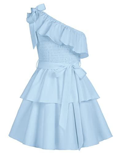 Mädchen Kleid 128 Kinder Partykleid 134 Elegant Festlich Sommer Freizeitkleid Prinzessin Ärmellos eine-Schulter A-Linien Kleid urlaubskleider ballkleid Abendkleid Blau von Danna Belle