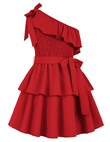 Mädchen Kleid 158 Kinder Partykleid Elegant Festlich Sommer Freizeitkleid Prinzessin Ärmellos eine-Schulter A-Linien Kleid urlaubskleider ballkleid Abendkleid Rot von Danna Belle