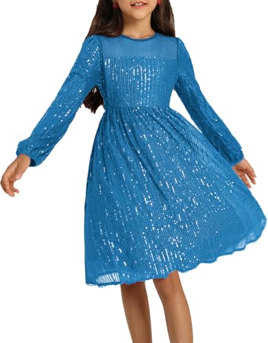 Mädchen Kleider Prinzessin Festliches 116 Kinderkleid 122 Pailletten Party Weihnachten Hochzeit Geburtstag Ballkleid Blumenmädchen Langarm Elegant A-line Crew Neck Blau 6-7 Jahre von Danna Belle