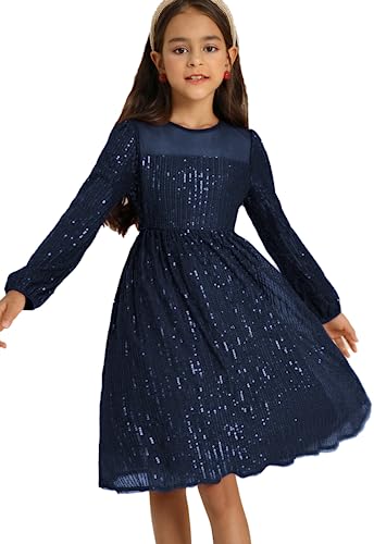 Mädchen Kleider Prinzessin Festliches 122 Kinderkleid 128 Pailletten Party Weihnachten Hochzeit Geburtstag Ballkleid Blumenmädchen Langarm Elegant A-line Crew Neck Blau 7-8 Jahre von Danna Belle
