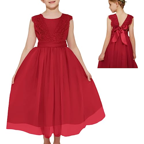 Danna Belle Mädchen Prinzessin Kleider 122 Kinder Blumenmädchen Hochzeit Festliches Party Einschulung Spitzen Tüll Kleid Sommer Taufe Abend Kommunionkleider Lang 128 Rot von Danna Belle