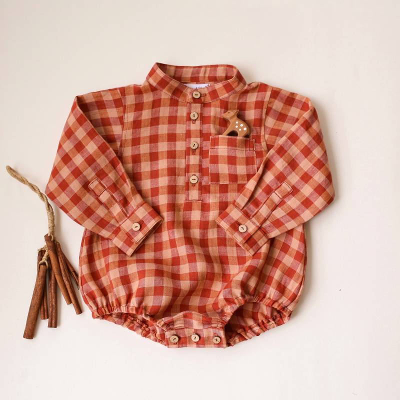 Butternut Karo Leinen Langarm-Shirt Strampler von DannieandLilou