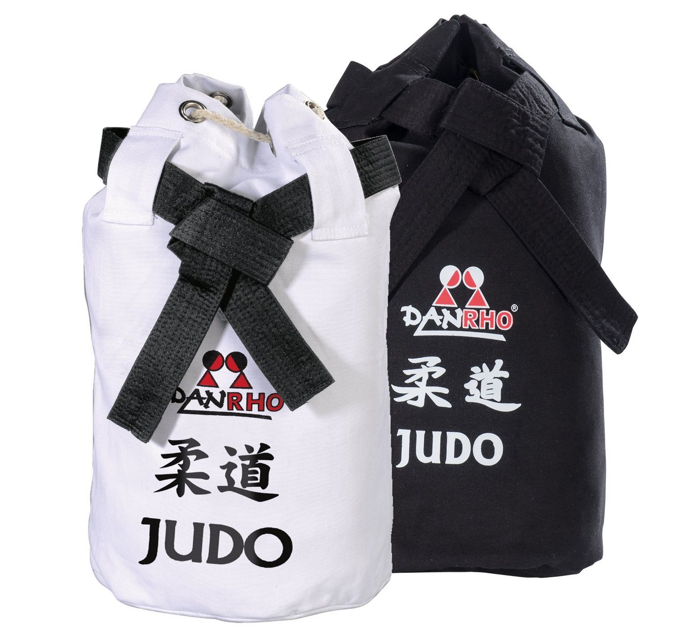 Danrho Sporttasche Judo Seesack Beutel Kinder Rucksack Turnbeutel (Baumwolle, Kordelzug Schnellverschluß), schwarz oder weiss, Budogürtel Optik von Danrho