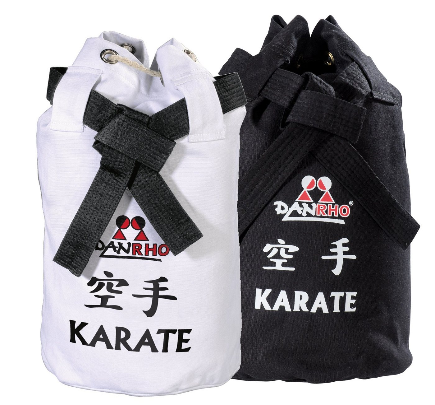 Danrho Sporttasche Karate Seesack Beutel Kinder Rucksack Turnbeutel (Kordelzug, Schnellverschluß, Baumwolle), schwarz oder weiss, Budogürtel Optik von Danrho