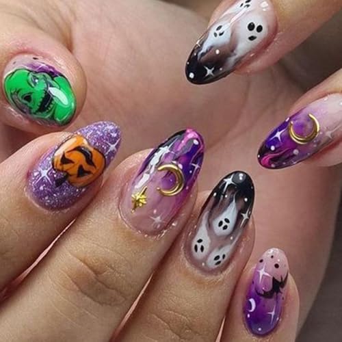 Danshinbow 24 PCS Halloween Nageldruck Mandel Falsche Nägel Kürbis Geist Spider Web Design Niedliche Falsche glänzende Nägel für Frauen (Mehrfarbig, One Size) von Danshinbow