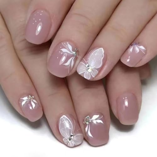 Danshinbow 24Pcs Kurze Quadratische Blume gefälschte Nägel Strass Gradient Nude Pink Glitter Falsche Nägel Presse auf Nägel für Frauen und Mädchen (Rosa3) von Danshinbow