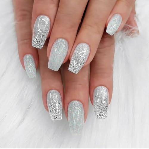 Danshinbow 24Pcs Quadratische mittlere Länge Glitter Nägel Gradient Paillette gefälschte Nägel Gold Folie Falsche Nägel für Frauen und Mädchen (Silber) von Danshinbow