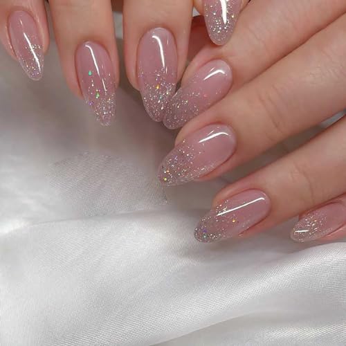 Danshinbow 24pcs Französisch Mandel Nude Nägel Oval Strass Volle Abdeckung Rosa Glitter gefälschte Nägel Stick auf Nägeln für Frauen und Mädchen (Rosa3) von Danshinbow