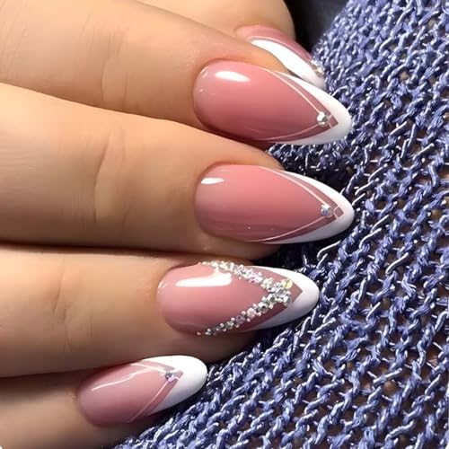 Danshinbow 24pcs Französisch Mandel Nude Nägel Oval Strass Volle Abdeckung Rosa Glitter gefälschte Nägel Stick auf Nägeln für Frauen und Mädchen (Rosa8) von Danshinbow