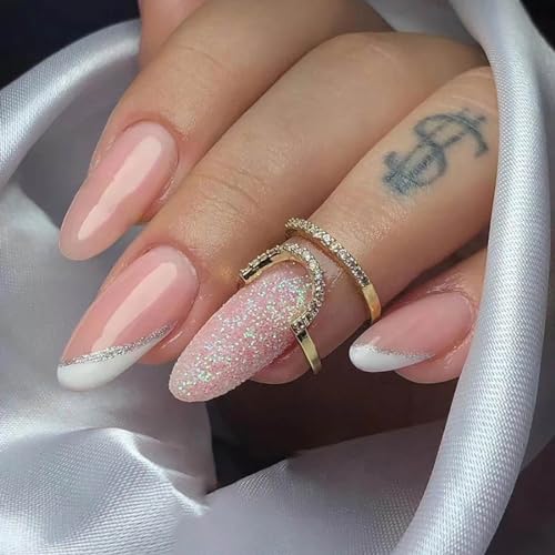 Danshinbow 24pcs Französische lange Mandelkristall gefälschte Nägel Nude Flash Pulver Goldfolie Falsche Nägel Strass Presse auf Nägeln für Frauen und Mädchen (Rosa2) von Danshinbow