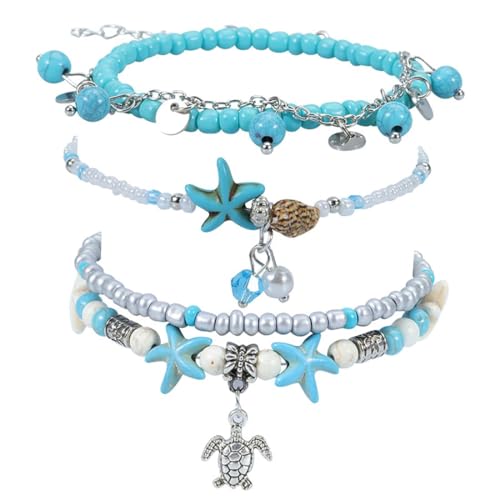 Danshinbow 3PCS Mehrschichtige Shell Meeresschildkröte Fußkettchen Gold Strand Fuß Schmuck Einstellbare Seed Beading Türkis Seesterne Knöchel Armbänder Kette für Frauen und Mädchen (Blau B) von Danshinbow