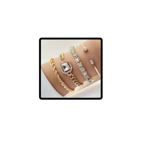 Danshinbow 4Pcs Multi Layer Punk Stapelbare Legierung Strass Armbänder Einstellbare Öffnung Armband Schmuck für Frauen und Mädchen (Gold) von Danshinbow