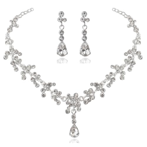 Danshinbow Braut Strass Halskette und Ohrring Set Kristall Halskette Braut Party Hochzeit Schmuck Sets für Frauen und Mädchen (Silber2) von Danshinbow