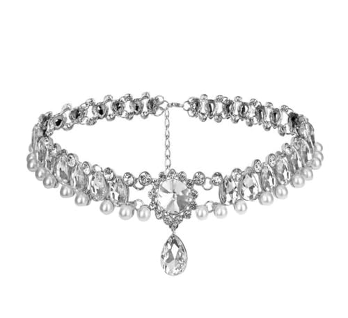 Danshinbow Kristall Choker Halskette Kette Strass Halsketten Braut Party Hochzeit Einstellbare Schmuck für Frauen und Mädchen (Silber) von Danshinbow