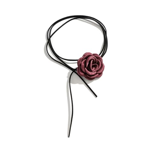 Danshinbow Layered Rose Choker Halsketten Kragen Schwarz geflochtene Schnur Anhänger Beflocken Stoff Halskette Kette Schmuck für Frauen und Mädchen (Dunkelrot) von Danshinbow