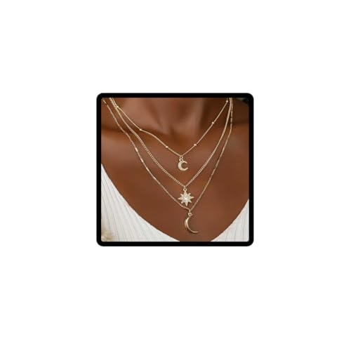 Danshinbow Mehrlagige Mond-Halskette, Gold, verstellbar, Glücksstern-Halskette, Schmuck für Damen und Mädchen, Metall von Danshinbow